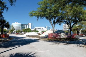 The garage location staging area along Nira Street, with the JOI building in the distance.