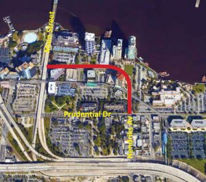 Aerial view of Riverplace Boulevard between Prudential Drive and Main Street to undergo a “road diet.”