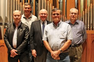 David Emery, St. Matthew’s Catholic Church organist; Bill Schueth, renovation project overseer; Scott Riedel, acoustical design and organ consultant; James Freeman, pipe organ technician, and Robert Rusczyk, church organ consultant