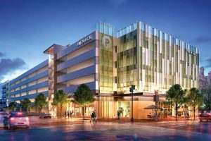 Rendering of a proposed six-level parking garage with retail fronting Laura Street.