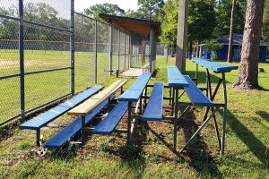 Murray Hill Park’s baseball fields have several sets of bleachers, some wooden and some aluminum. A couple are missing parts of the supporting structure.
