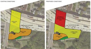 The proposed reconfiguration of John Gorrie Dog Park at Riverside Park decreases the size of the small dog area and rotates the large dog area 90 degrees to allow FDOT to use the area under the Fuller Warren Bridge as a construction zone.