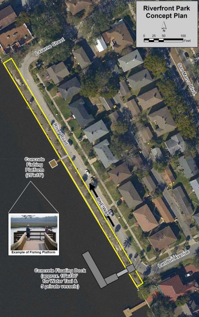 Rendering of the present design of the proposed fishing pier and floating boat dock the City of Jacksonville hopes to build in San Marco’s Riverfront Park. 