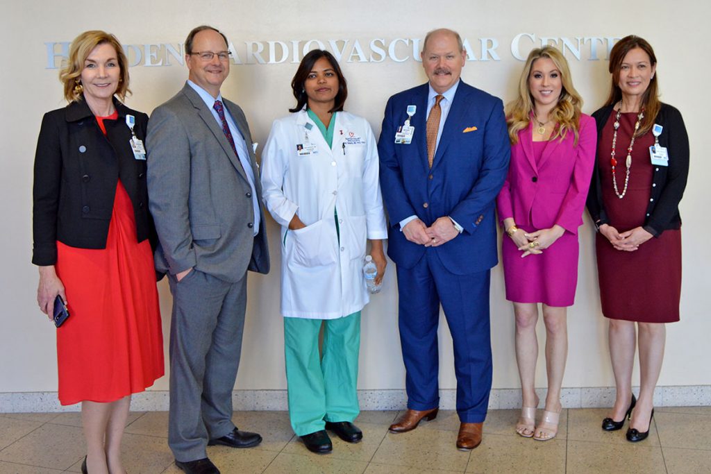 Catherine Graham, vice president of Business Innovation and Development, with Ron Roberts, director, Cardiovascular Service Line, with Dr. Ruby Satpathy, Baptist Medical Center Jacksonville President Michael Mayo, Jennifer Hale, Fox Sports reporter, and Dr. Pamela Rama