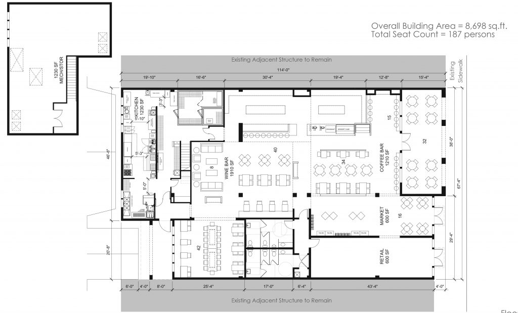 With St. Johns Avenue on the right, the site plan shows exterior seating for 32, inside seating for 155.  (Group 4 Design)