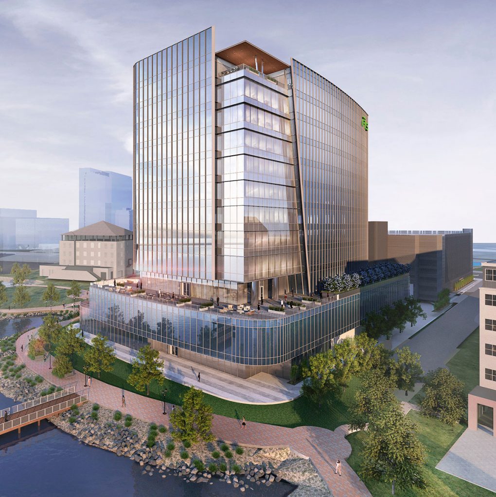 Conceptual renderings of Riverside’s latest sleek modern skyscraper, a $145 million headquarters for FIS.