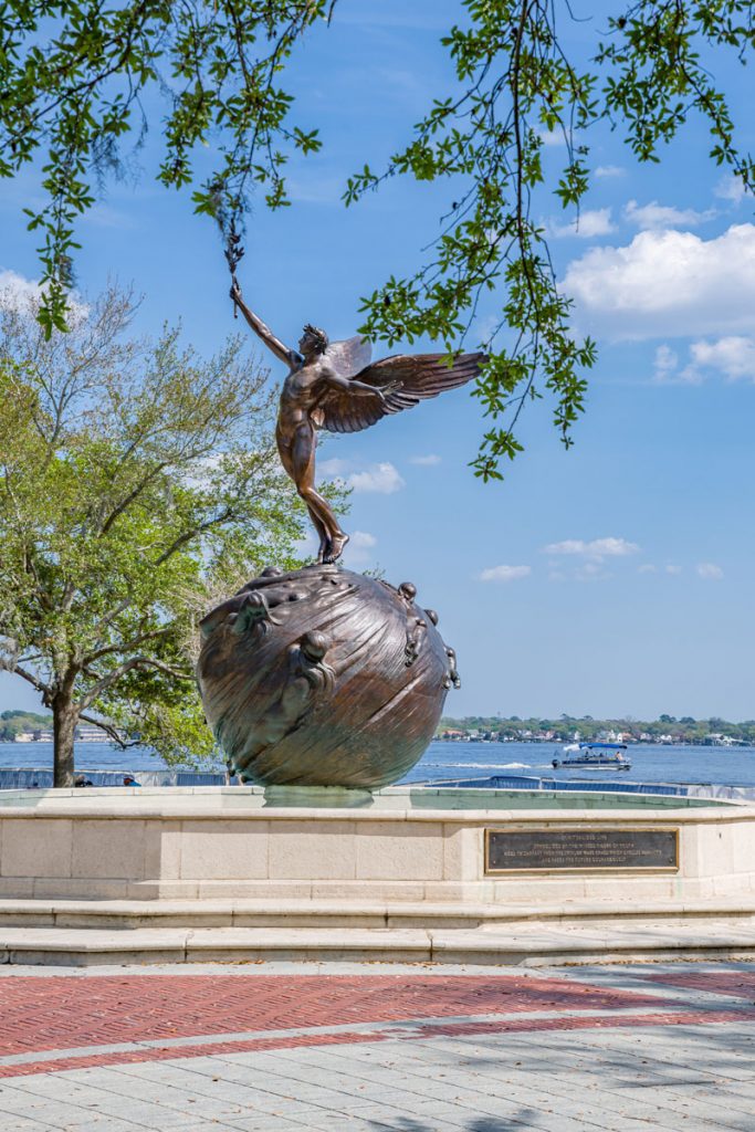 The statue, Life, which is commonly known as "Winged Victory" sits amidst a fountain in Memorial Park