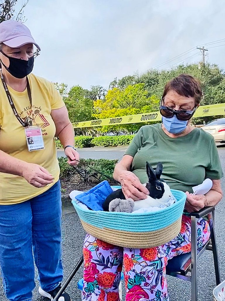Cindy Ballantyne and her therapy rabbit Gimli visit with a senior