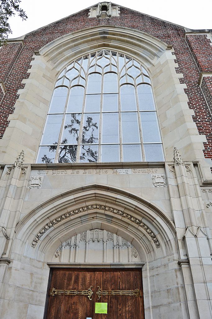 Clear Lexan protects the stained-glass window in front of Riverside Presbyterian Church