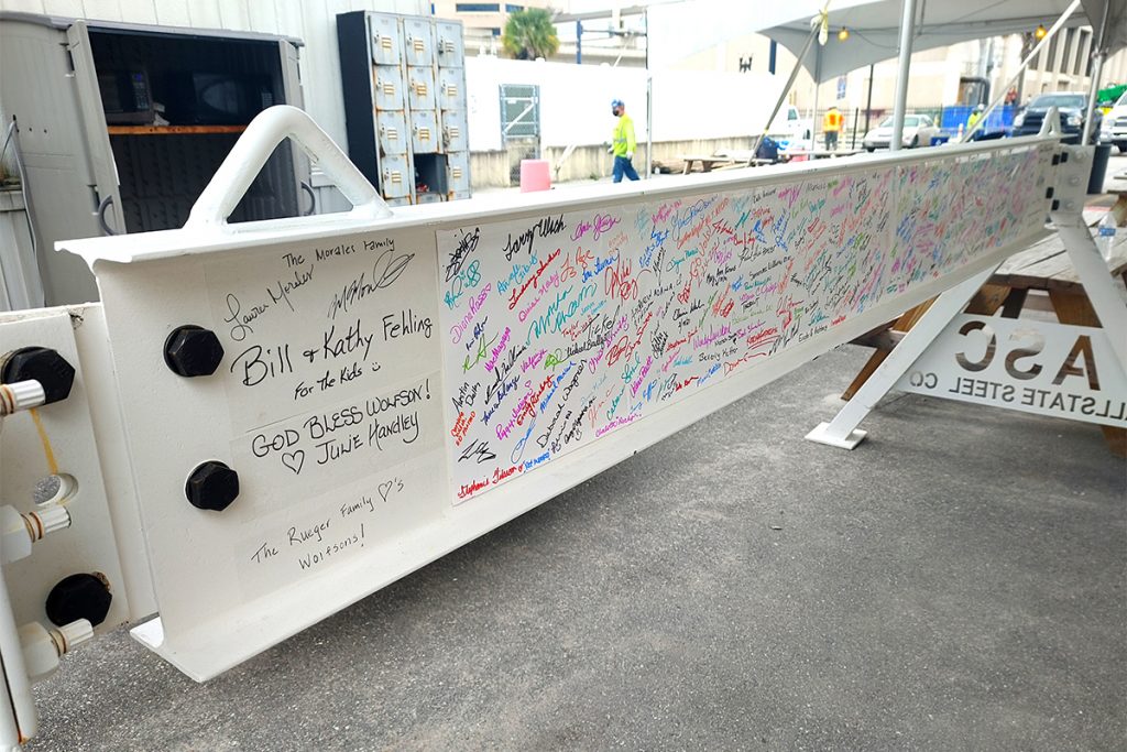 The final beam, adorned with  the signatures of  Baptist Jacksonville and Wolfson Children’s team members