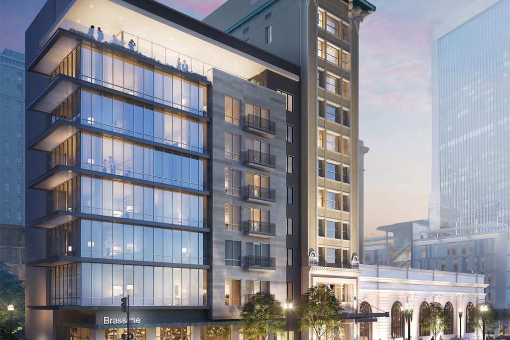 The South facing facade of the conceptual design for Marriott’s Autograph Collection as viewed from Adams Street across N. Laura Street.