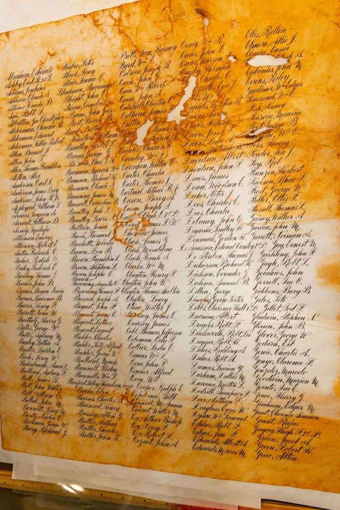 One of six pages that comprise the Life Scrolls, after six weeks of careful restoration. (Photo courtesy of Mark Krancer, Kram Kran Photo, for Memorial Park Association)