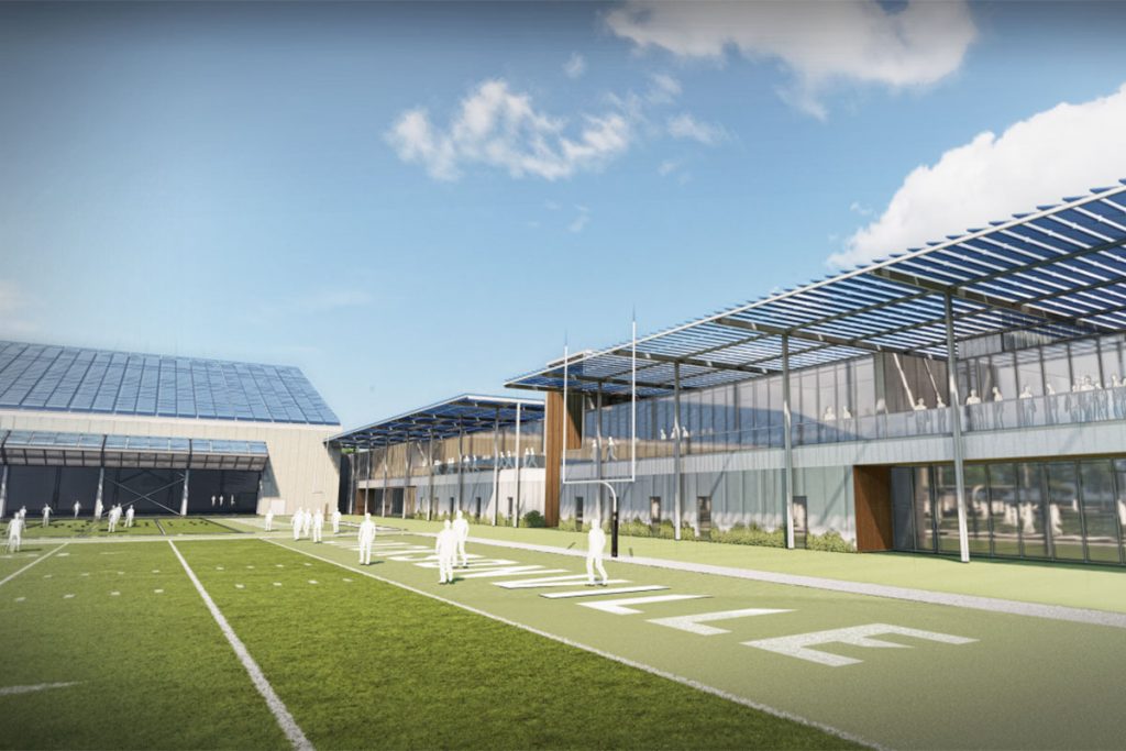 This rendering is one of a series that illustrates the magnitude of a newly-proposed athletic training center on the grounds of the Jacksonville Jaguars/Jacksonville Sports Complex. The flex field will be a shared amentiy for community programming, while also affording the NFL franchise a world-class expansion of its current facilities. The Jaguars rank among the lowest in the NFL for square-footage football training grounds.