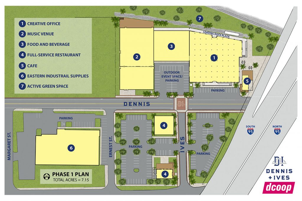 Phase One site plan at Dennis + Ives, showing location of music venue