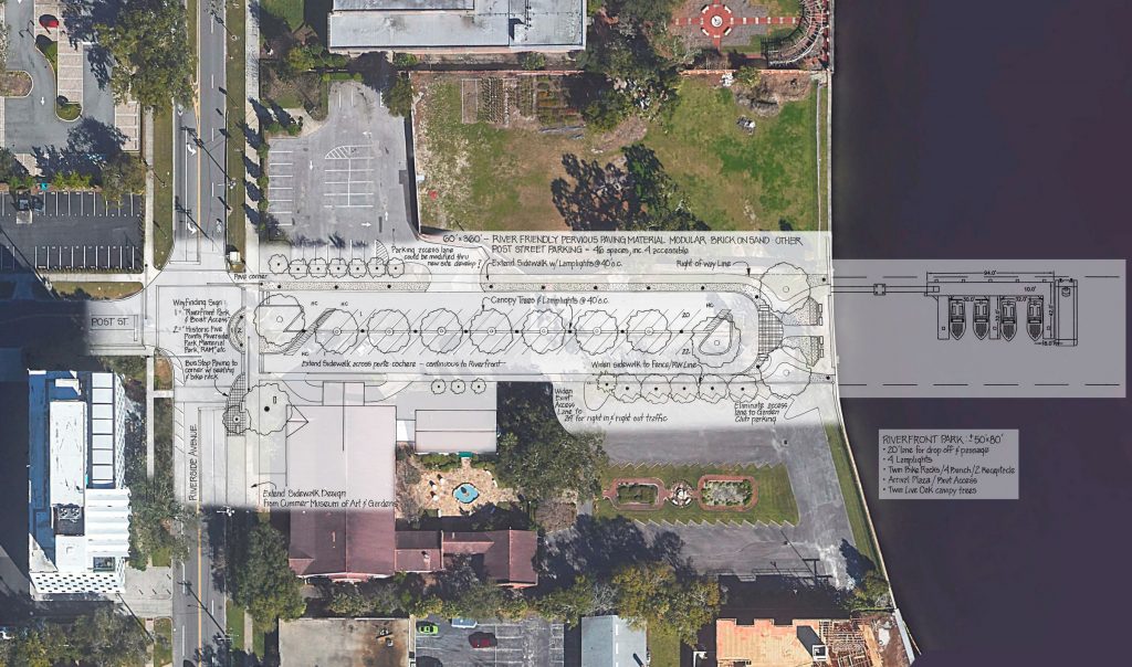Concept design of improved Post Street Riverfront Park with overlay of Post Street Day Dock for Riverside Avondale Preservation by landscape architect Rick Pariani