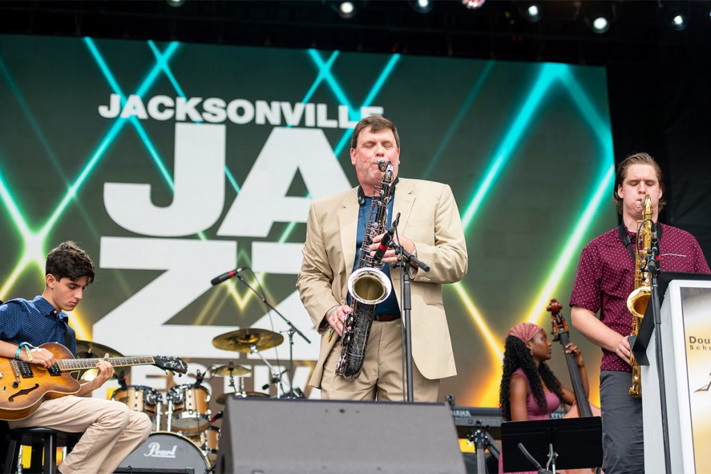 Don Zentz, director of jazz studies, performs with Douglas Anderson jazz students during this year’s Jacksonville Jazz Festival
