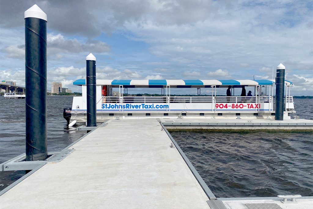 The St. Johns River Taxi awaits dignitaries invited to experience the new Post Street Day Dock at the ribbon cutting, June 30.