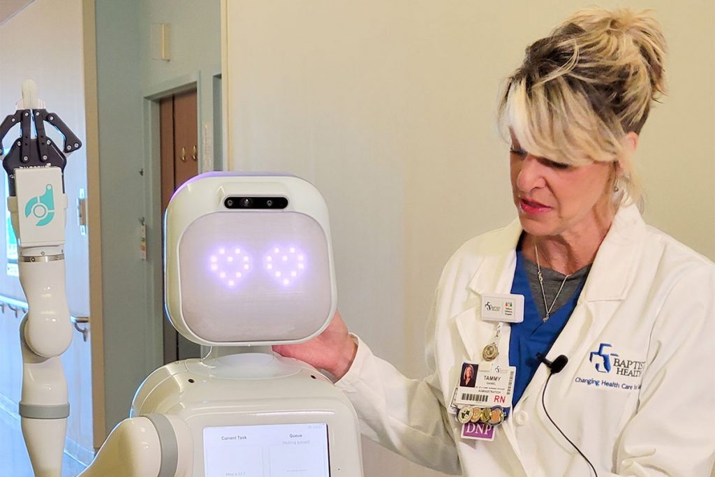 Baptist Health Senior Vice President and Chief Nursing Officer Tammy Daniel discusses an eight-month pilot program during which Baptist Health will collect data and extrapolate it to calculate how much time Moxi saves nurses and other team members. Photo by Michele Leivas.