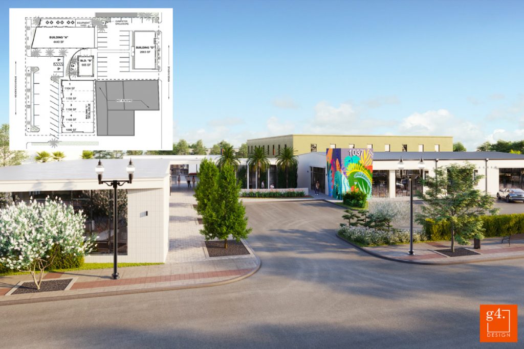 An aerial rendering depicting the four proposed stand-alone buildings at 1037 Hendricks Avenue. | Renderings created by Group 4 Design, Inc. Graphics courtesy of DDRB Final Approval Packet.