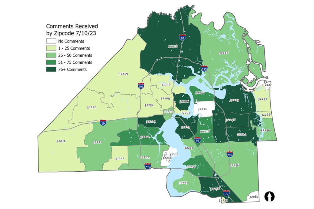 map showing number of comments received by zip code