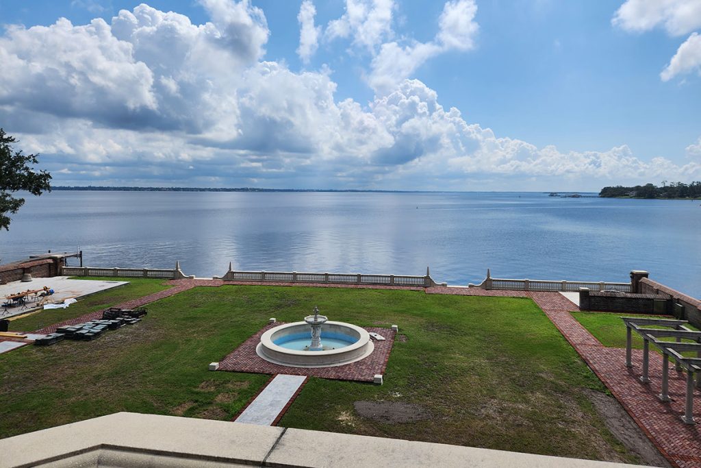fountain and waterfront view