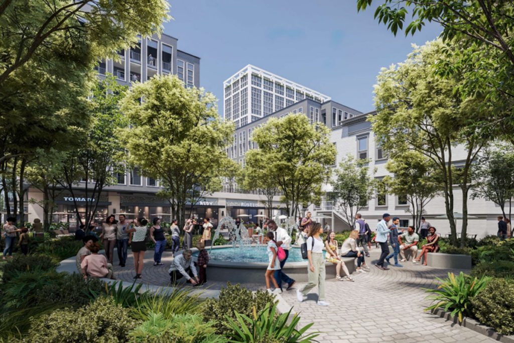 A rendering of the two parks proposed for Pearl Street District’s N-11 block, which will border the historic Porter House Mansion. (Rendering/DDRB)