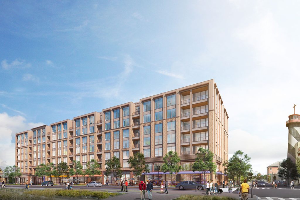 rendering of building at intersection with trees and pedestrians and lighthouse on opposite side of the street