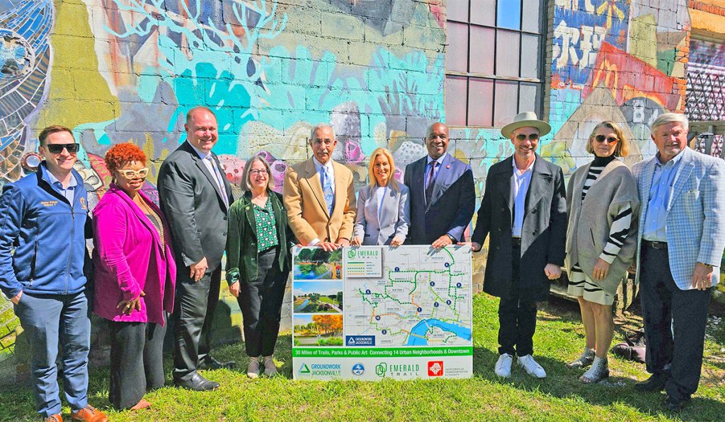 City Councilmembers Jimmy Peluso and Ju’Coby Pittman, District Director with the Office of Representative Aaron Bean Bryan Campbell, Groundwork Jacksonville CEO Kay Ehas, City Council President Ron Salem, Mayor Donna Deegan, JTA CEO Nathaniel P. Ford, Sr., Tony Cho with the Phoenix Arts and Innovation District, JTA Board Chair Debbie Buckland and City Councilmember Matt Carlucci at the March 19 press conference.