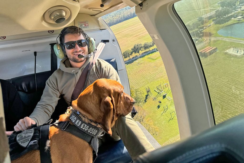 Officer Anthony Yannuzzi and K9 Patriot deploy by helicopter.
