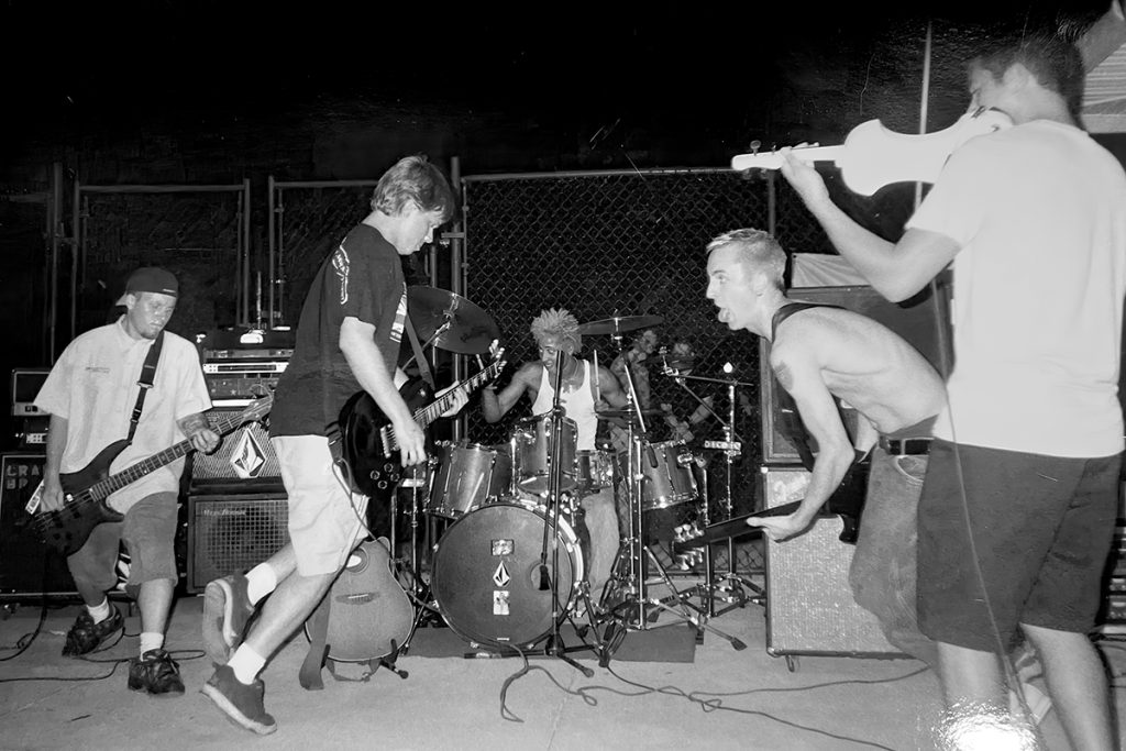 Yellowcard performed at a Jacksonville skate park in 2001 with Cooke (far left) playing bass.