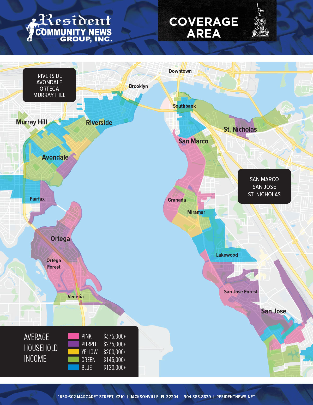 image showing map of coverage area indicating Average Household Incomes ranging from $120,000 - $375,000 | Click to download PDF
