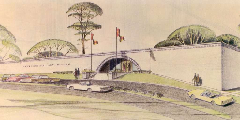 A historic postcard captures the entrance of the Jacksonville Art Museum’s location during the late 20th century.