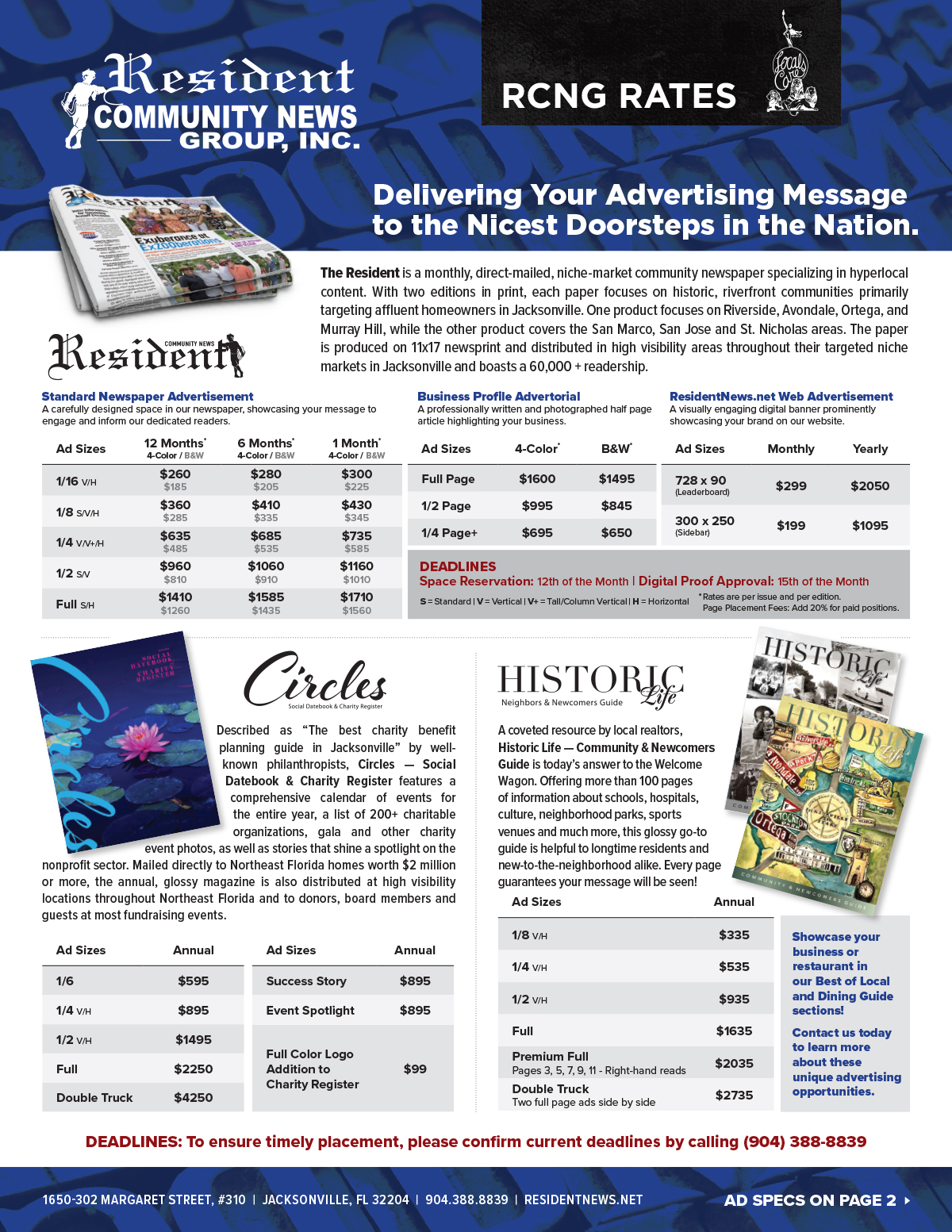 image showing detailed listing of advertising prices for The Resident, Circles, and Historic Life | Click to download PDF