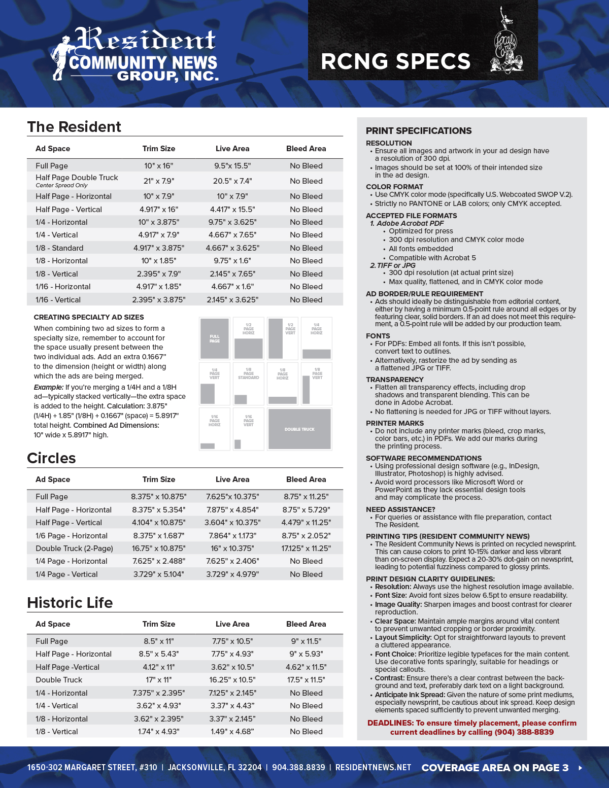 image showing detailed listing of ad specifications for The Resident, Circles, and Historic Life | Click to download PDF