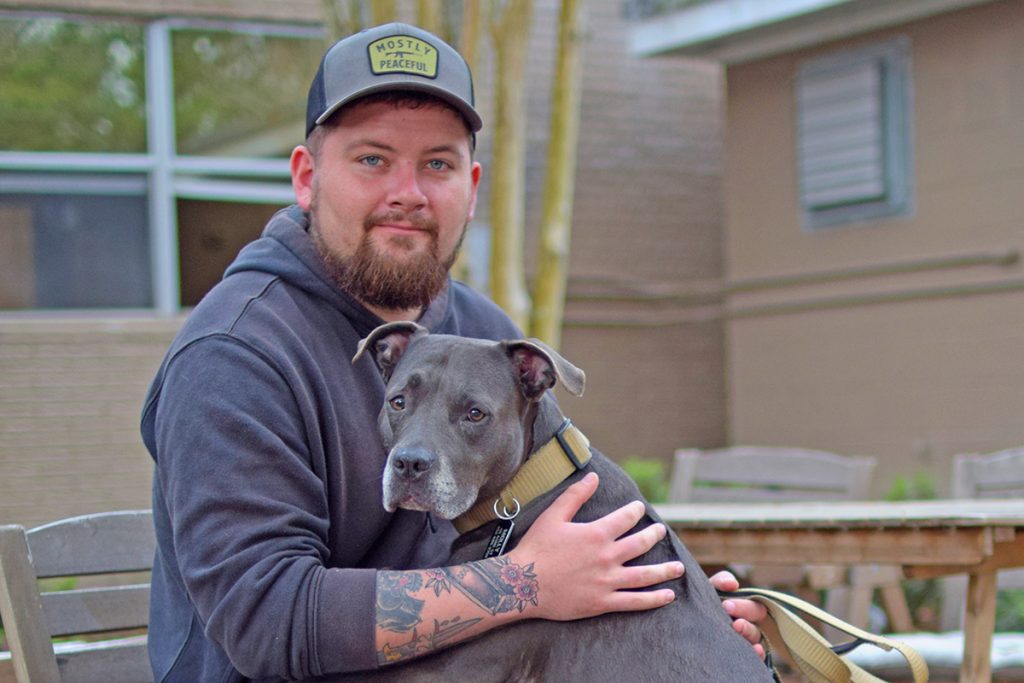 Veteran with Molly, 6, his bull terrier.
