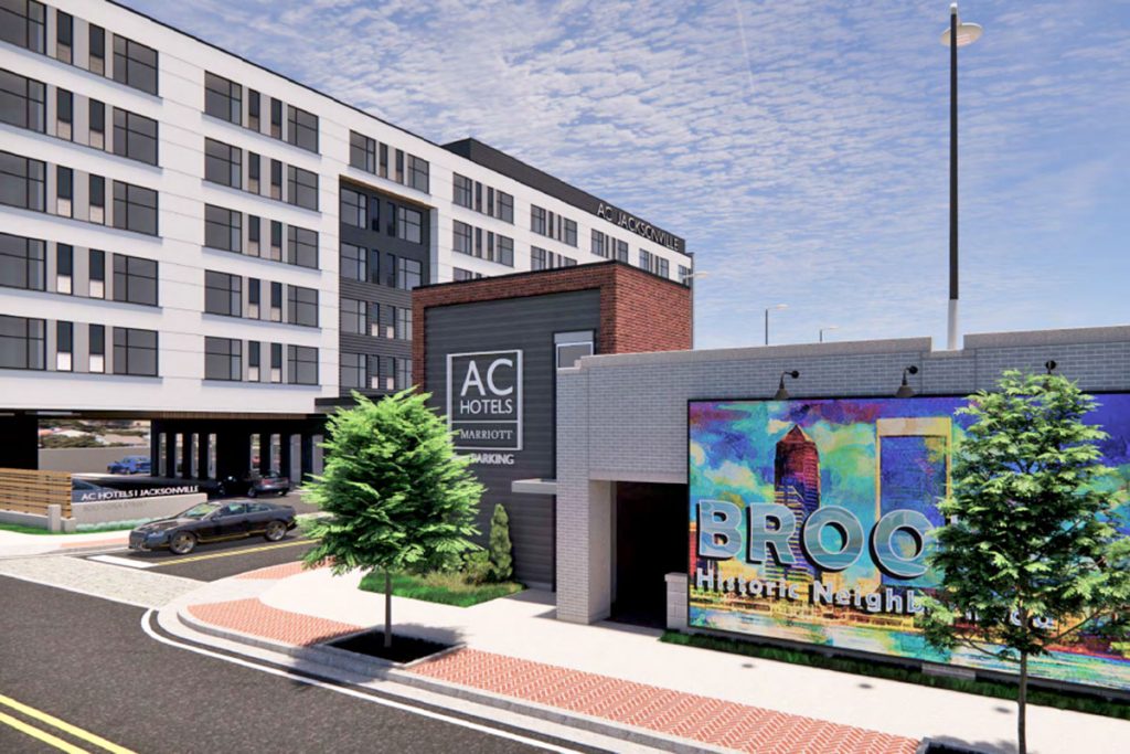 A detached two-story garage would sit on another parcel adjacent to the hotel.