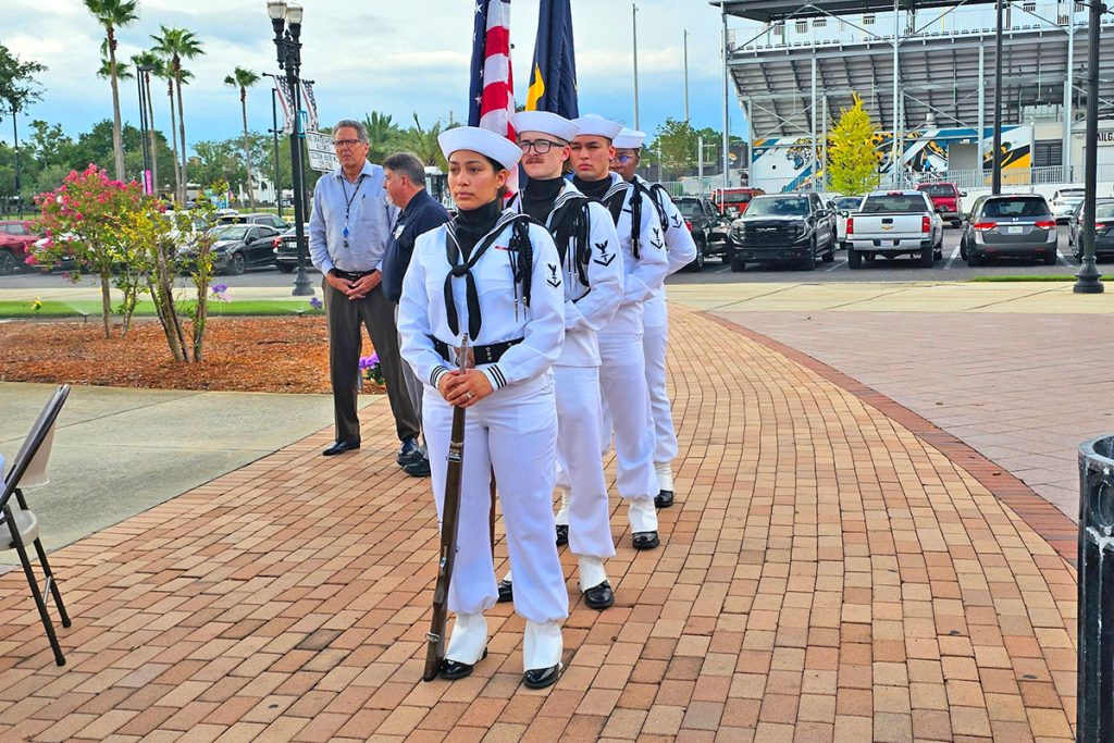 The Naval Hospital Jacksonville Color Guard prepares to present the colors.
