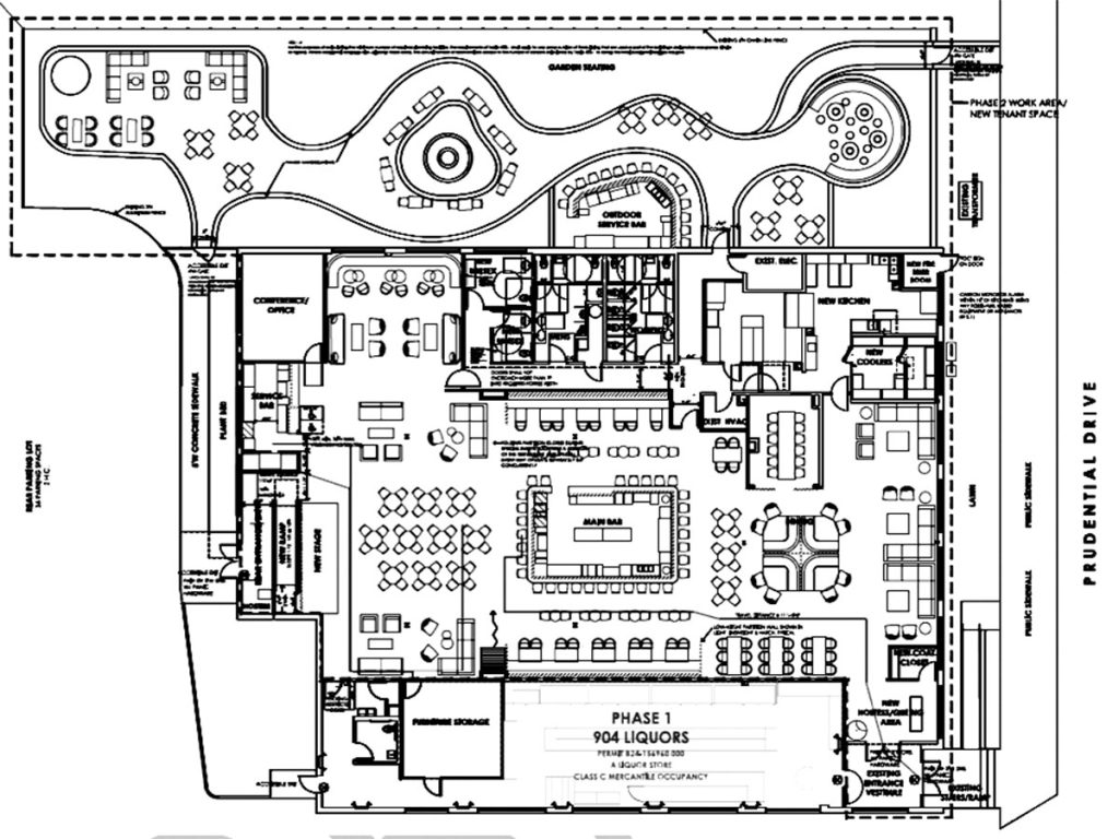 The Prudential Club floor plan shows various seating areas in the 9,000-square-foot lounge and dining area.